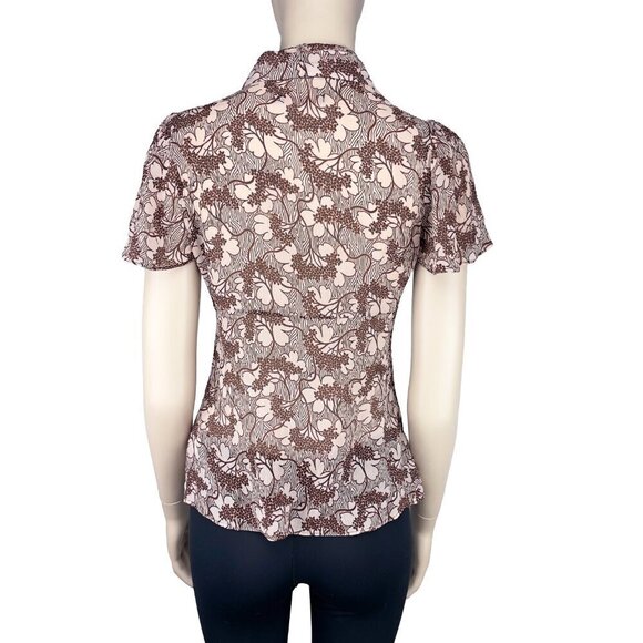 REISS Burgundy & Pink 100% Silk Japanese Floral Spring Flounce Blouse 12/ XS-S - Picture 6 of 8